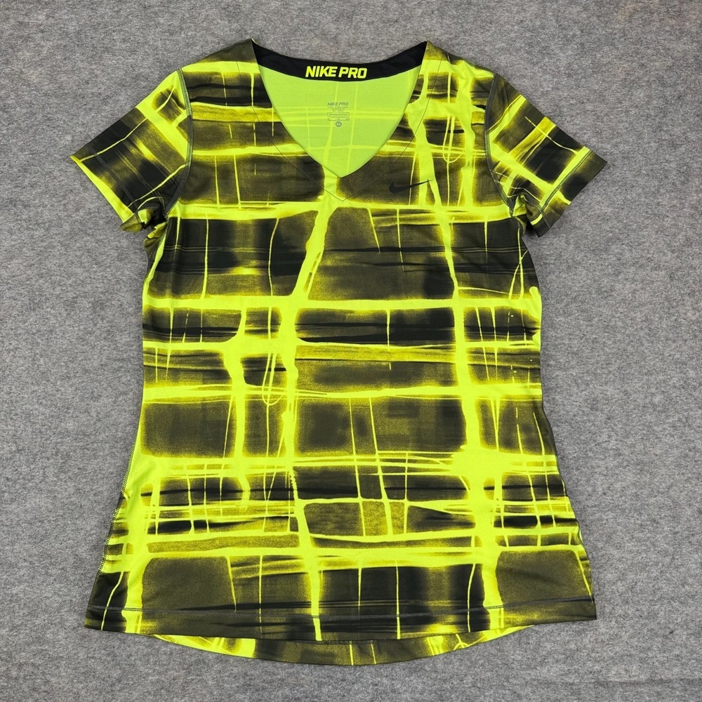 Nike Pro Dri Fit T-Shirt Tee V-Neck Polyester Stretch Green Black Womens XL